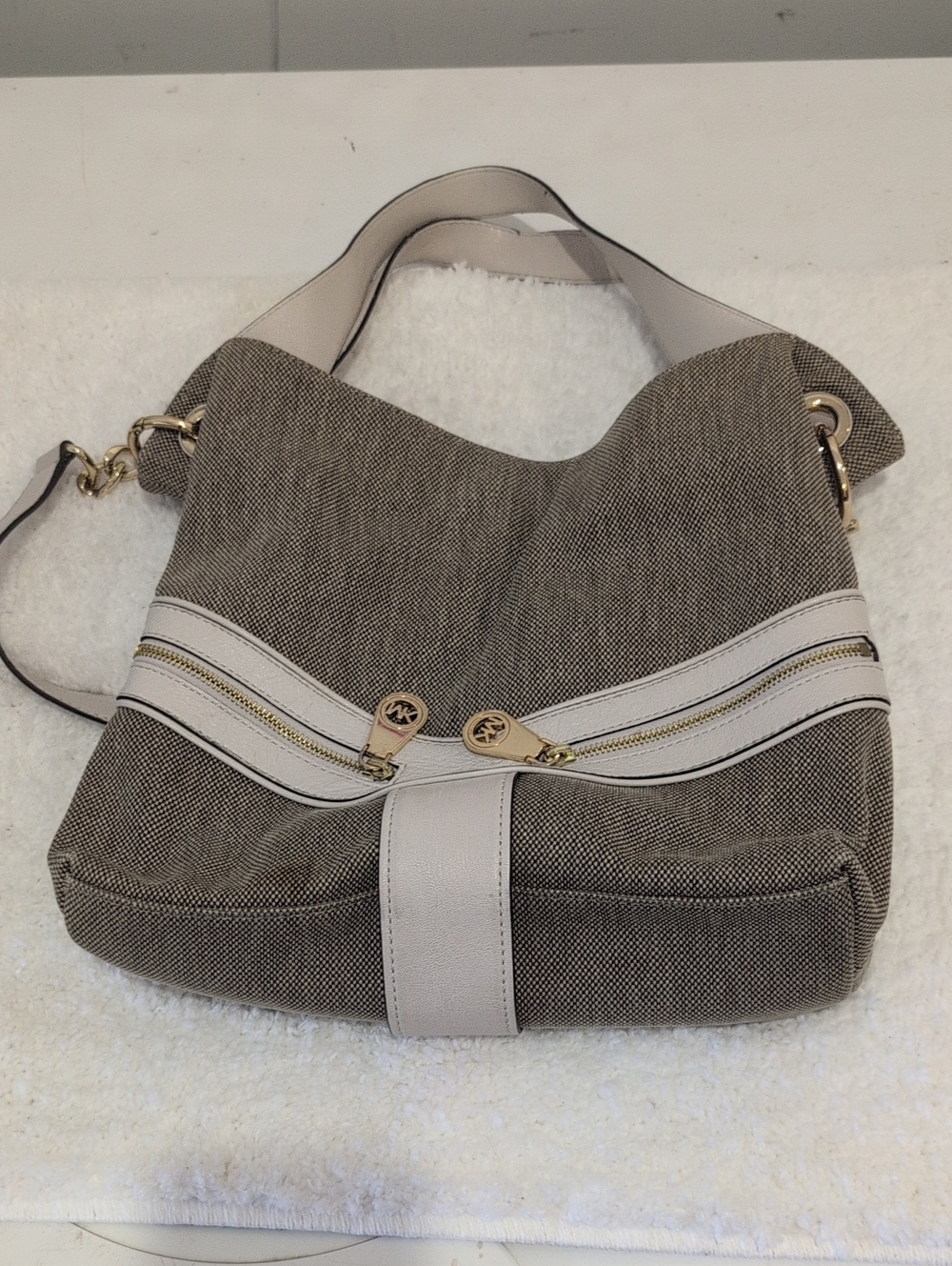 Michael Kors Taupe Canvas Hobo with White Leather Trim